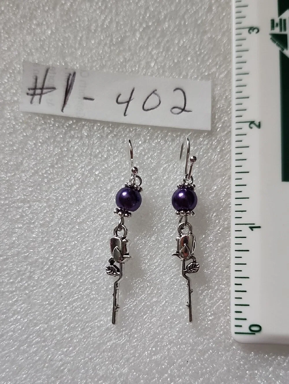 Hand Crafted Purple Pearl Rose Drop Earrings - Picture 2 of 4